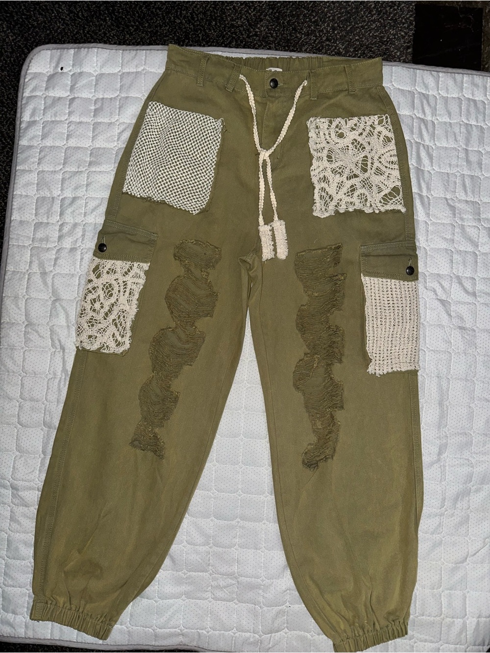 Olive Green Men's Patchwork Cargo Pants with Crochet Accents NWOT size M